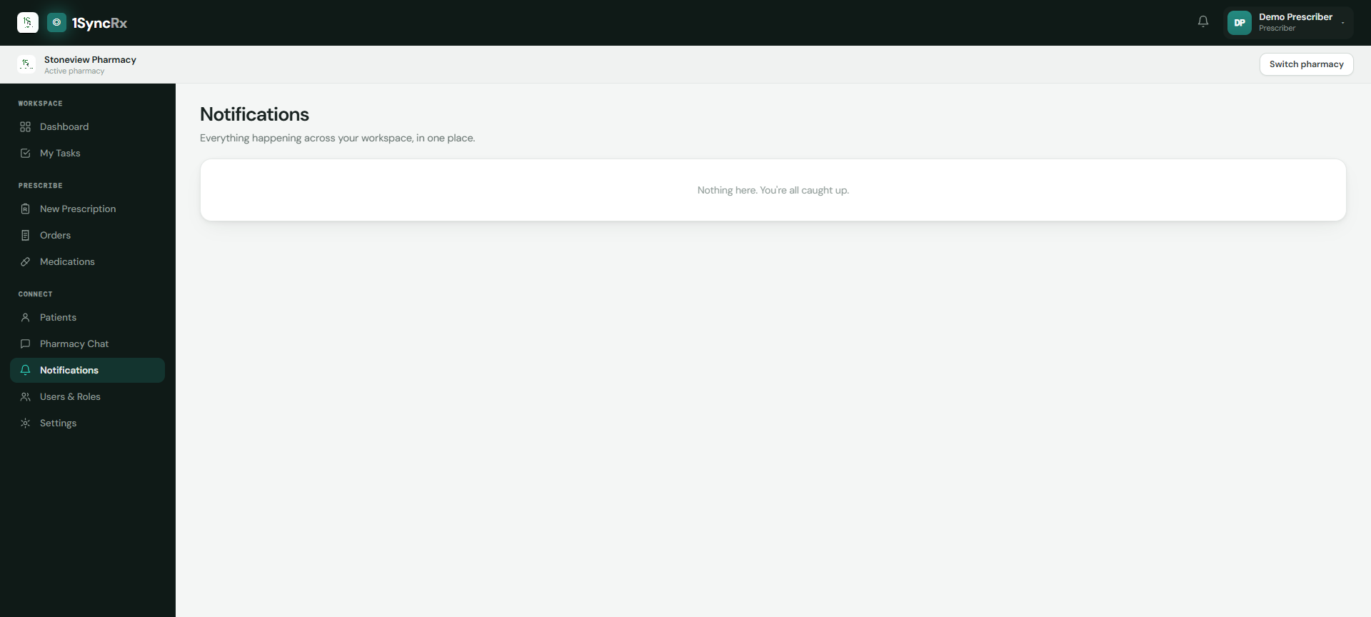 Prescriber notifications workspace using synthetic demonstration data