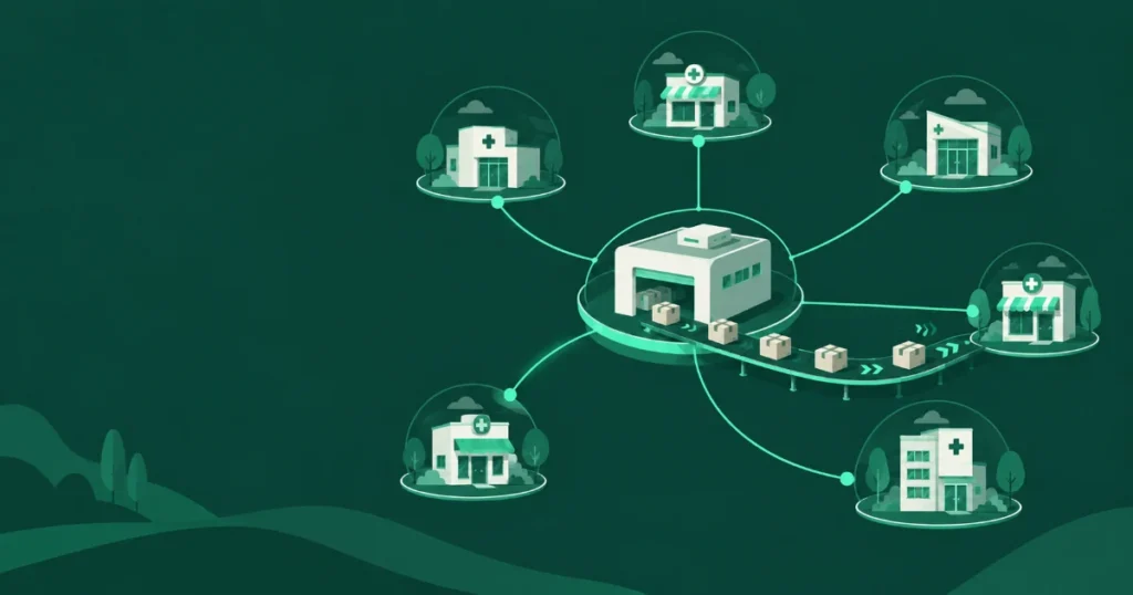 Central fill pharmacy software coordinating high volume prescription fulfillment across connected pharmacy locations