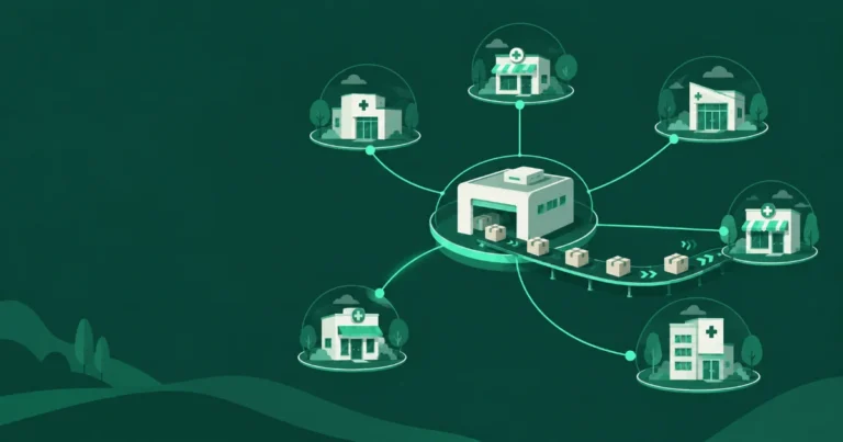 Central fill pharmacy software coordinating high volume prescription fulfillment across connected pharmacy locations