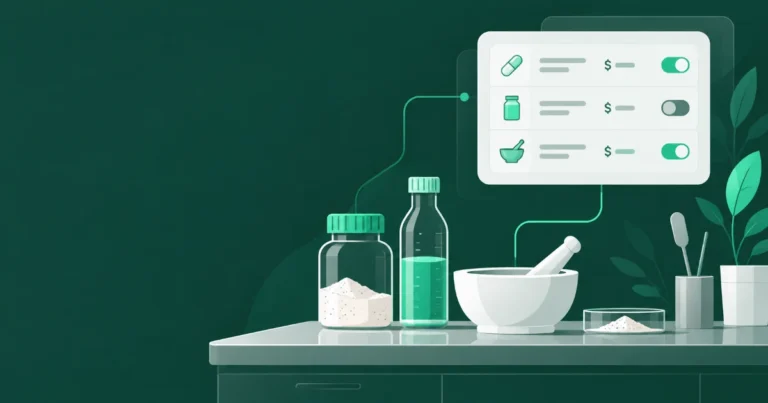 Compounding pharmacy software showing a pharmacy-controlled catalog with formulations, pricing and availability