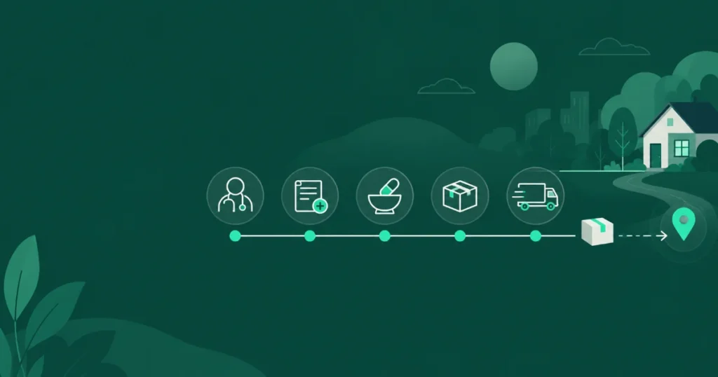 Pharmacy ordering system tracking a prescription from prescriber and intake through processing, fulfillment and delivery